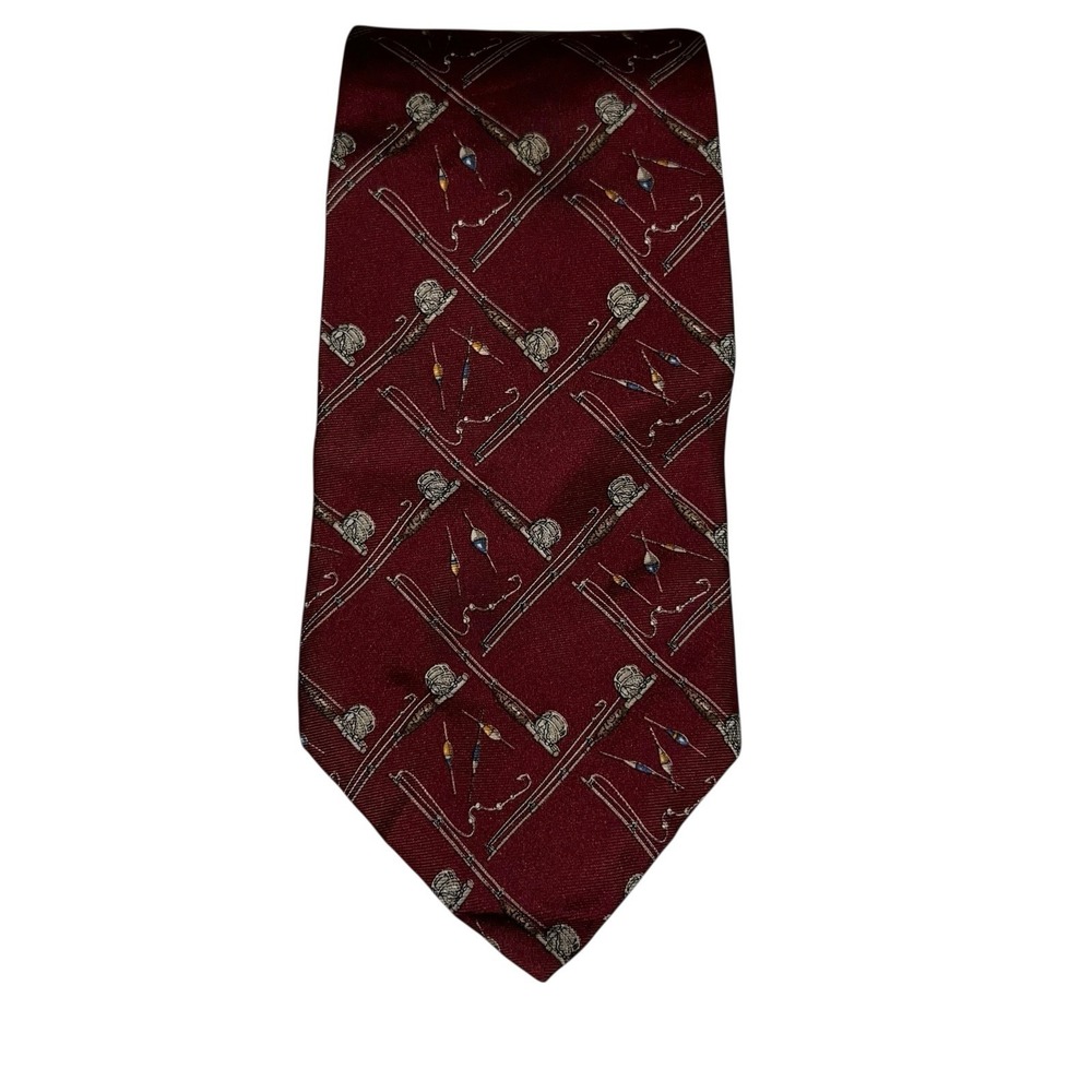 Vintage Chaps Ralph Lauren Men's 100% Silk Neck Tie Red Fishing Poles Novelty